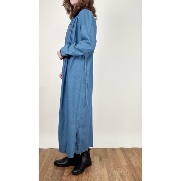 Vintage Denim Jean Midi Maxi Dress Pleated Long Duster Jacket Coat Cottagecore - Picture 5 of 10